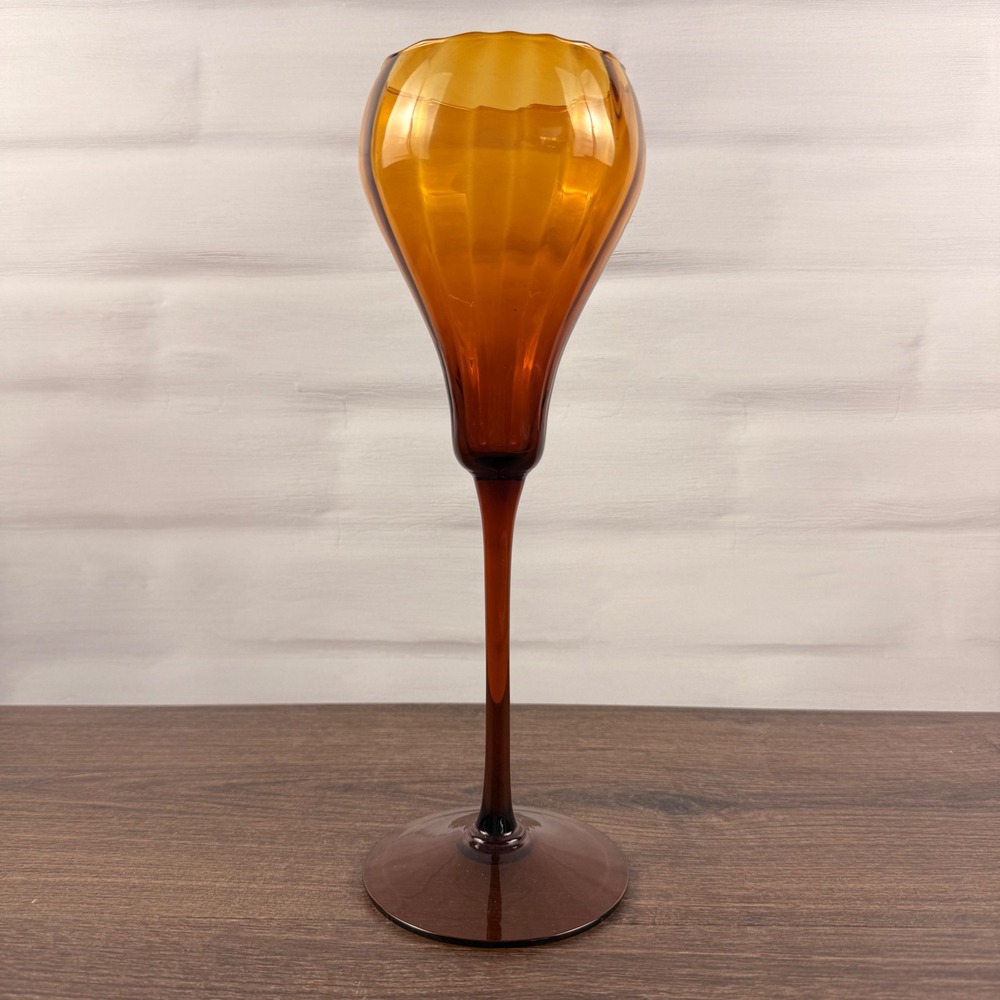 Empoli Amber Optic Glass Tall Stemmed Vase Italian MCM